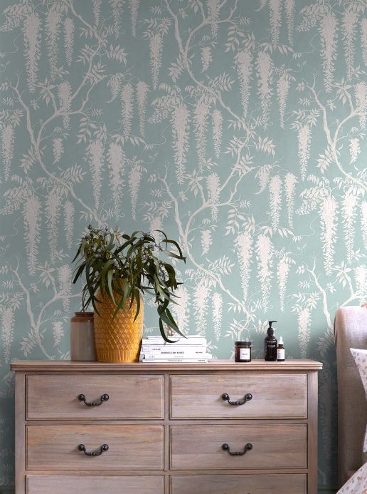 Papel de parede folhas e frondes Papel de parede Brahea turquesa pastel claro Ver ambiente