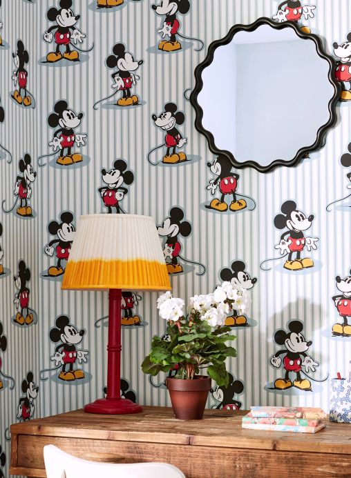 Papel de parede infantil Papel de parede Mickey Mouse turquesa pastel claro Ver ambiente