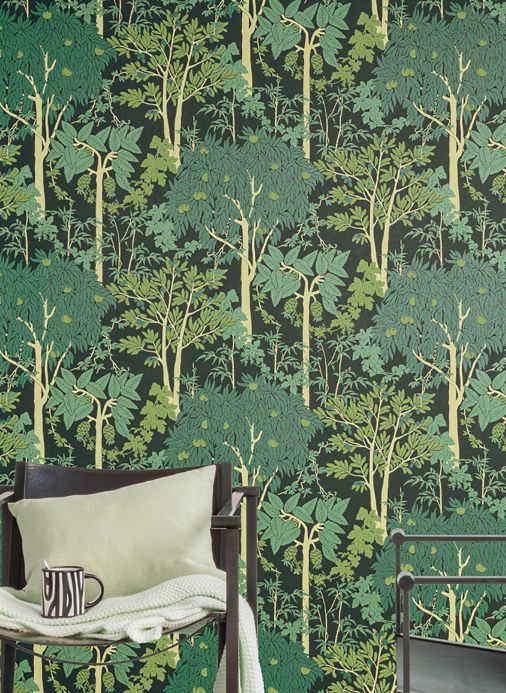Papel de parede botânico Papel de parede Mirabelle verde escuro Ver ambiente