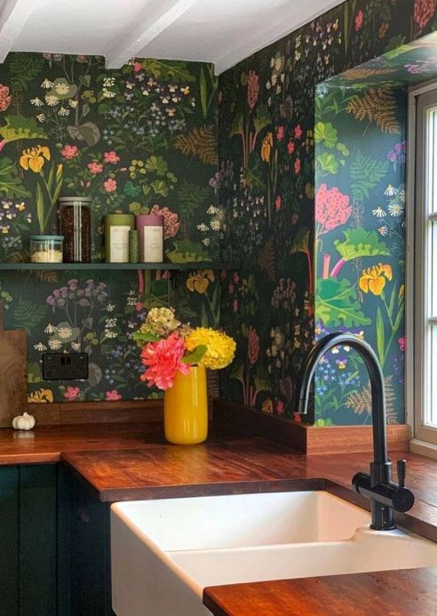 Floral Wallpaper Wallpaper Singa black grey Room View