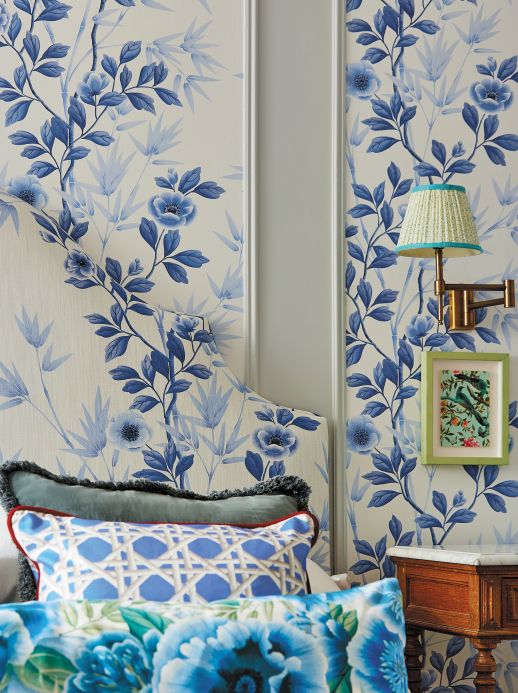 Papel pintado floral Papel pintado Elisabeth tonos de azul Ver habitación
