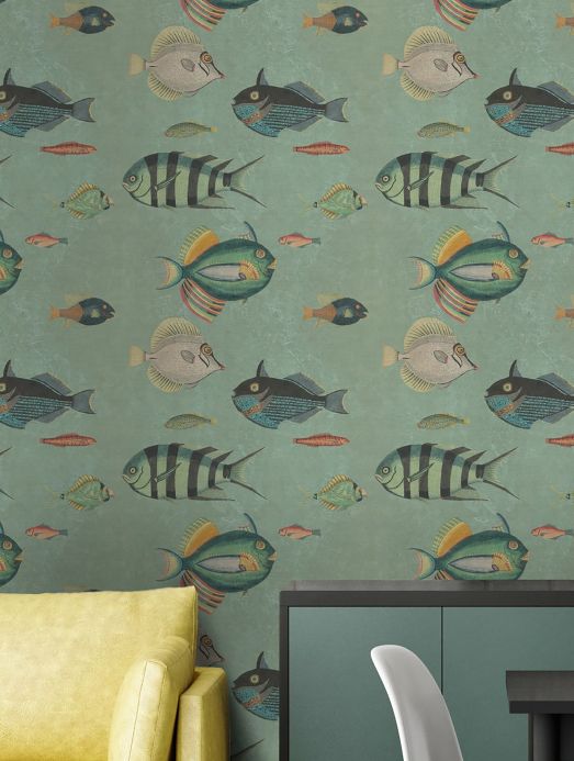 Tapeten mit Fischen Wandbild Poissons Schilfgrün Raumansicht