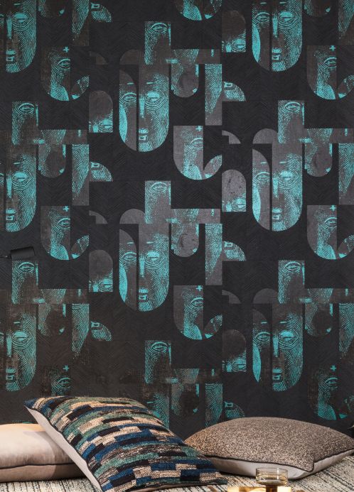 Black Wallpaper Wallpaper Orest turquoise blue shimmer Room View
