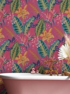 Self-adhesive wallpaper Exotic Escape pink Raumansicht