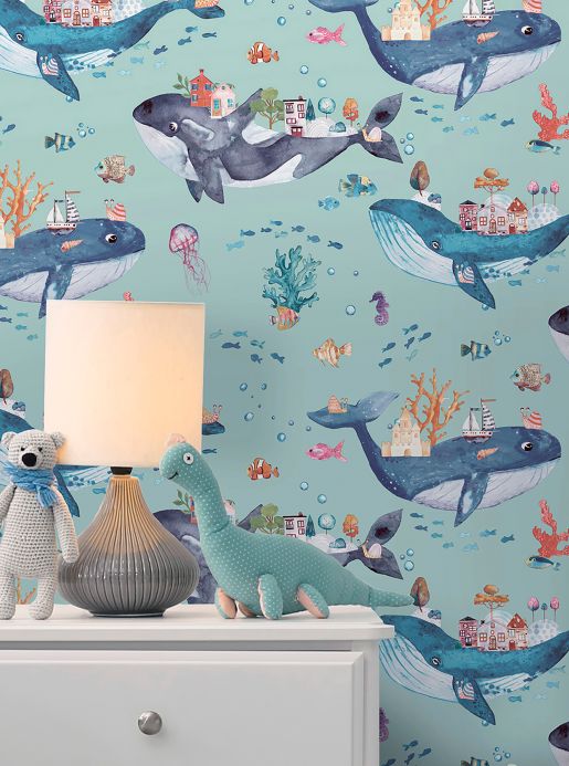 Papel pintado con peces Papel pintado Nautilus turquesa pastel claro Ver habitación