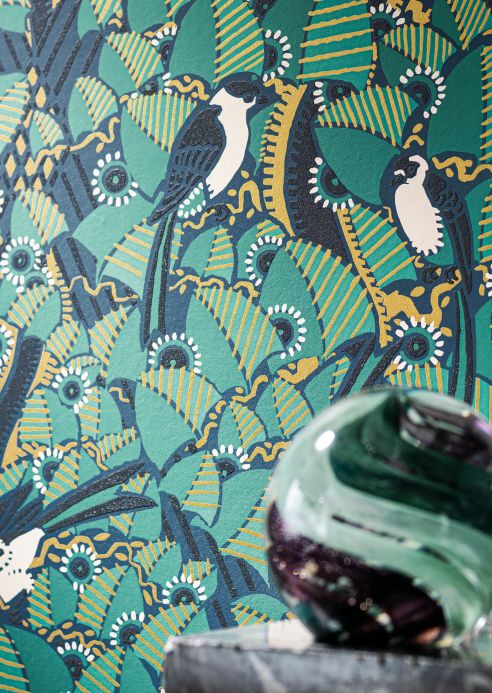 Bird Wallpaper Wallpaper Dorothy turquoise green Room View