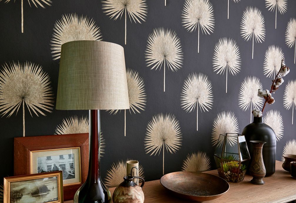 Leaf and Foliage Wallpaper Wallpaper Lysander black Room View