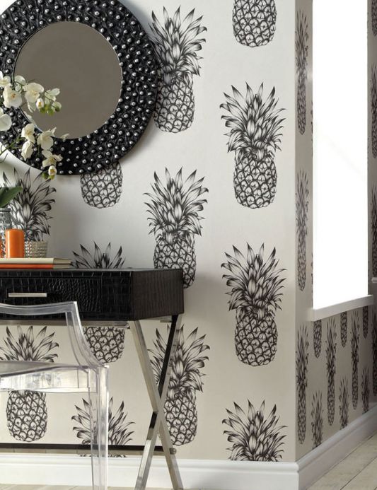 Papel pintado botánico Papel pintado Pineapple Paradise gris negruzco Ver habitación