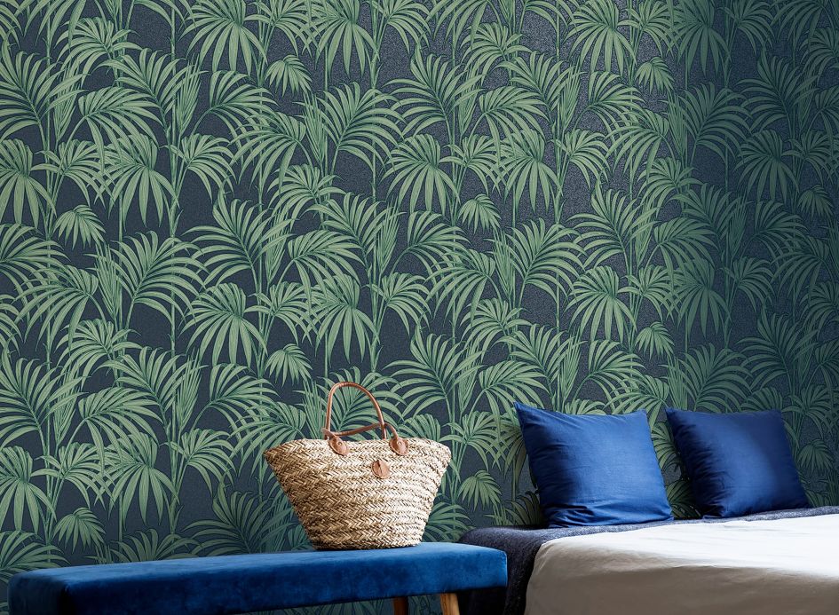 Papel pintado botánico Papel pintado Tatanu azul oscuro brillantina Ver habitación