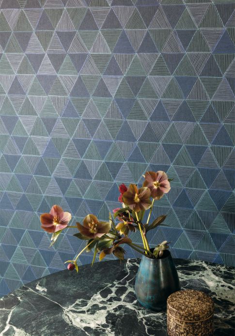 Papel pintado geométrico Papel pintado Mikada tonos de azul Ver habitación