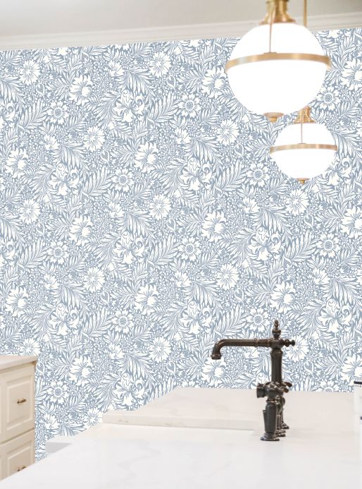 Peel and stick Wallpaper Self-adhesive wallpaper Modern Acanthus light blue grey Room View