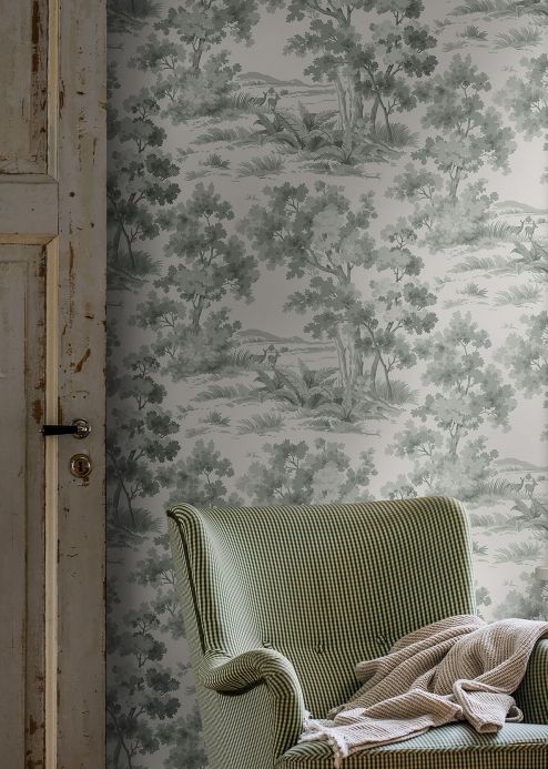 Botanical Wallpaper Wallpaper Calobra mint grey Room View