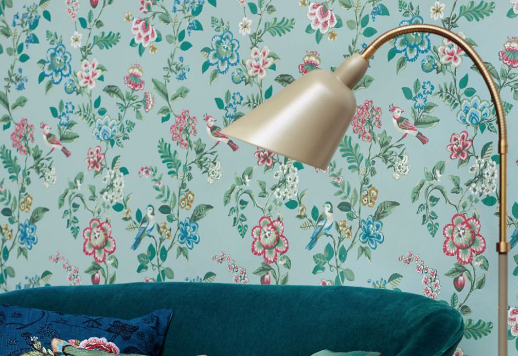 Papel de parede floral Papel de parede Miri turquesa pastel claro Ver quarto