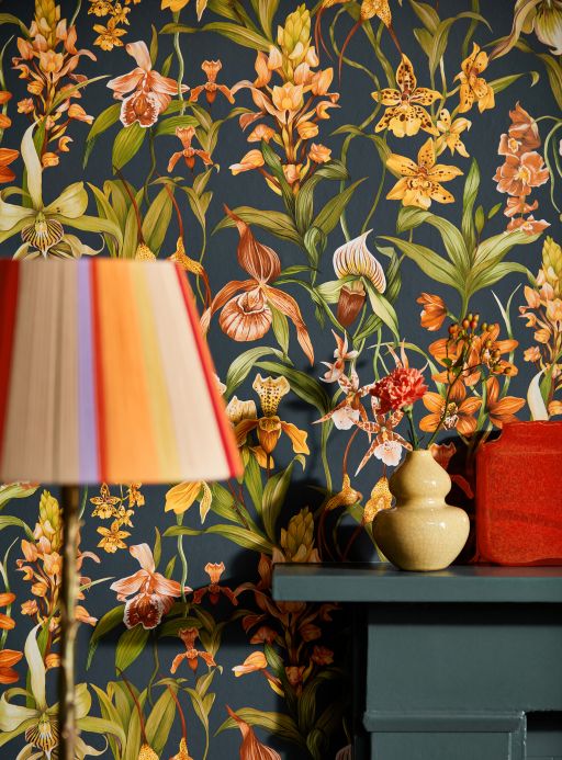 Orange Wallpaper Wallpaper Wild Orchids grey blue Room View