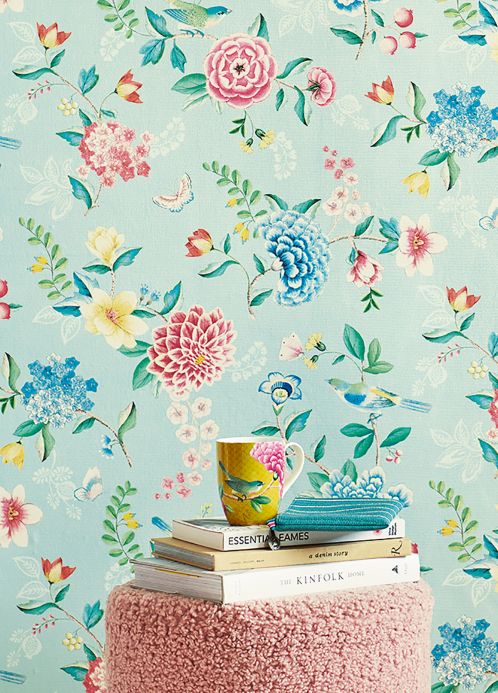 Floral Wallpaper Wallpaper Vanity light blue Room View