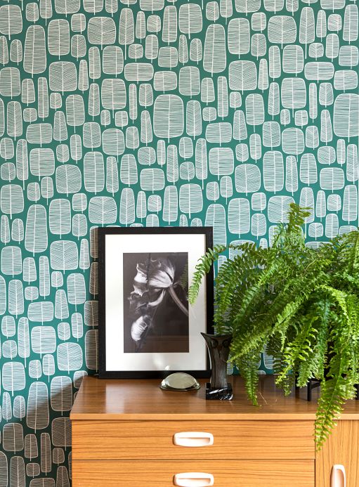 White Wallpaper Wallpaper Little Trees opal green Room View
