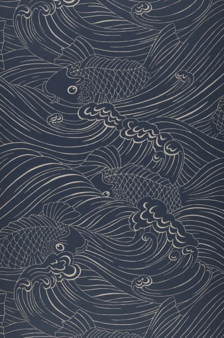 Papier peint avec des poissons Papier peint Wave Rider bleu gris Largeur de lé