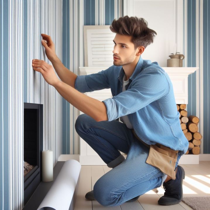 A man installing wallpaper over a chimney.