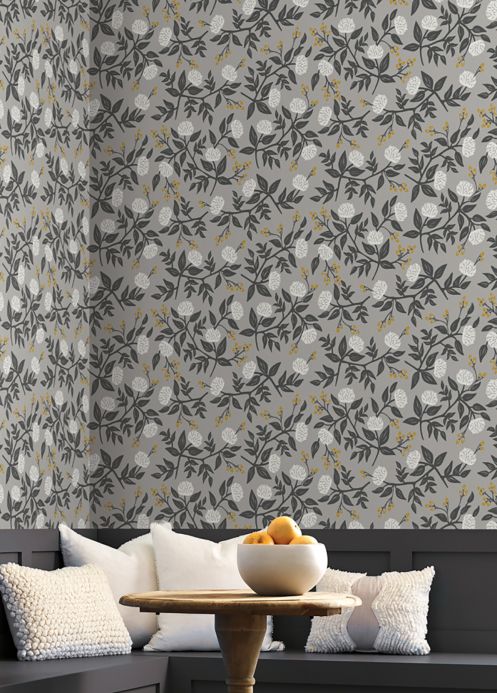 Designer Wallpaper Peonies light grey Room View