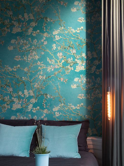 Papel pintado botánico Papel pintado VanGogh Blossom turquesa Ver habitación