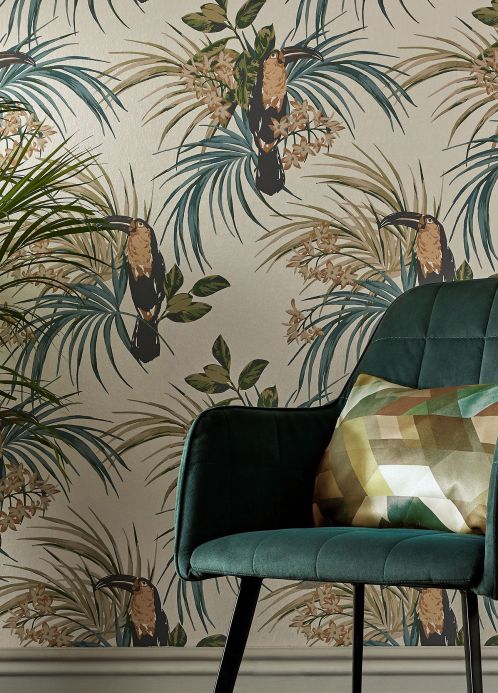 Turquoise Wallpaper Wallpaper Toucan Jungle cream shimmer Room View