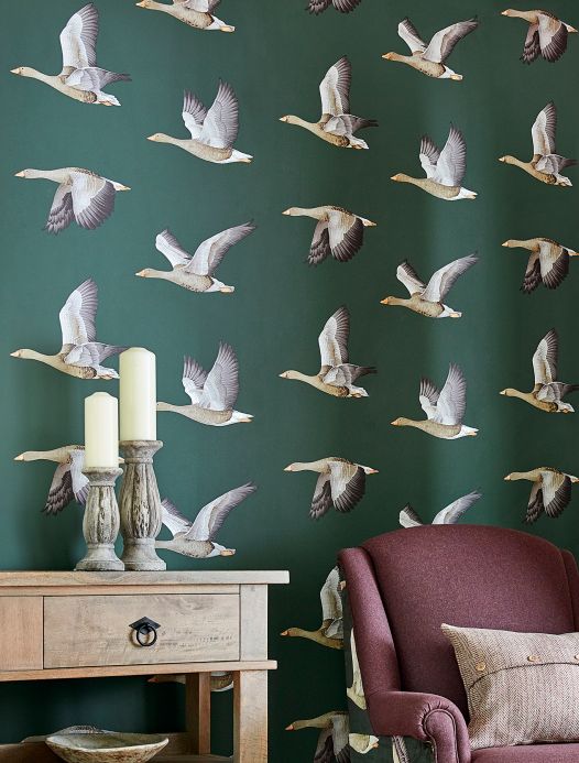 Bird Wallpaper Wallpaper Chloe pine green Room View