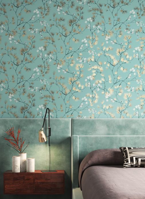 Papel de parede floral Papel de parede Makino turquesa menta Ver ambiente