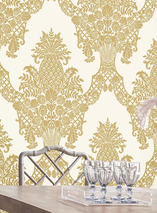 Dining Room Wallpaper Wallpaper Pineapple Damask pearl gold Room View