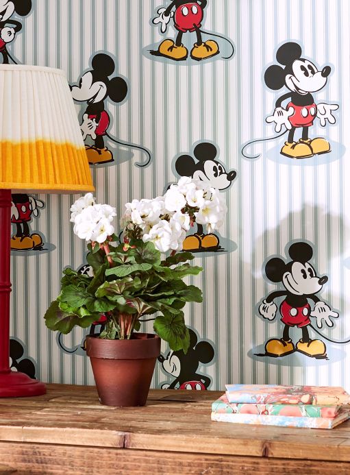 Papel pintado de diseño Papel pintado Mickey Mouse turquesa pastel claro Ver habitación